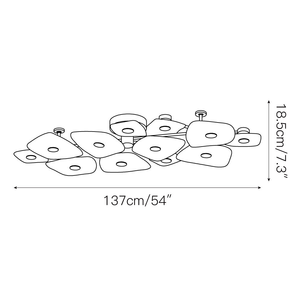 Dimension drawing for the linear Clérachic Alabaster Cluster Ceiling Light, 137 cm (54″) wide and 18.5 cm (7.3″) high.