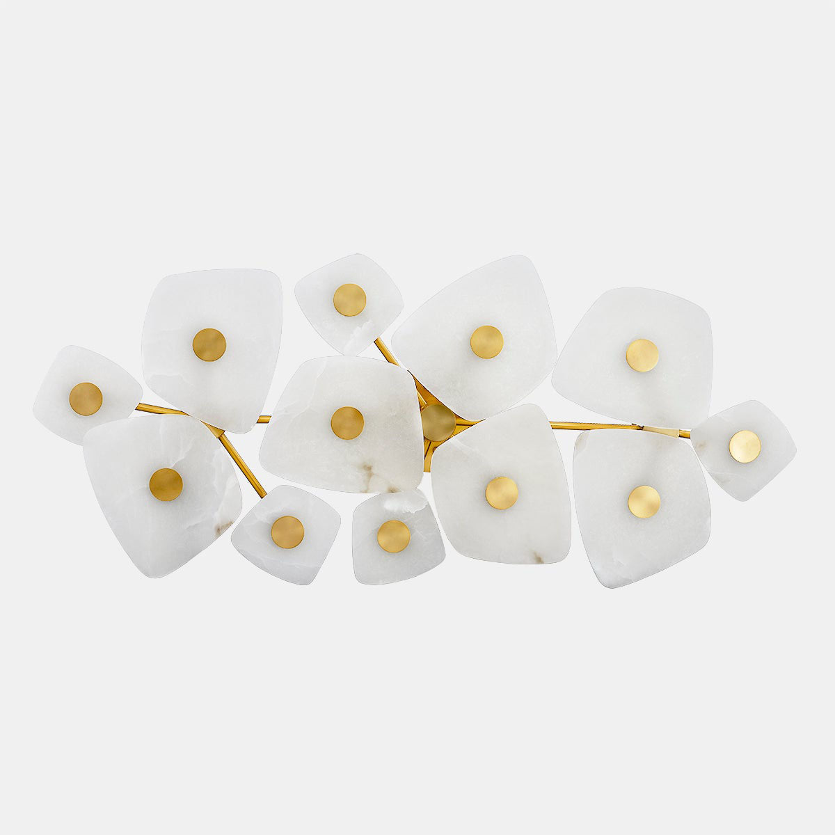 Underside view of the twelve-shade linear Clérachic Alabaster Cluster Ceiling Light, a brass disc centring each stone panel.