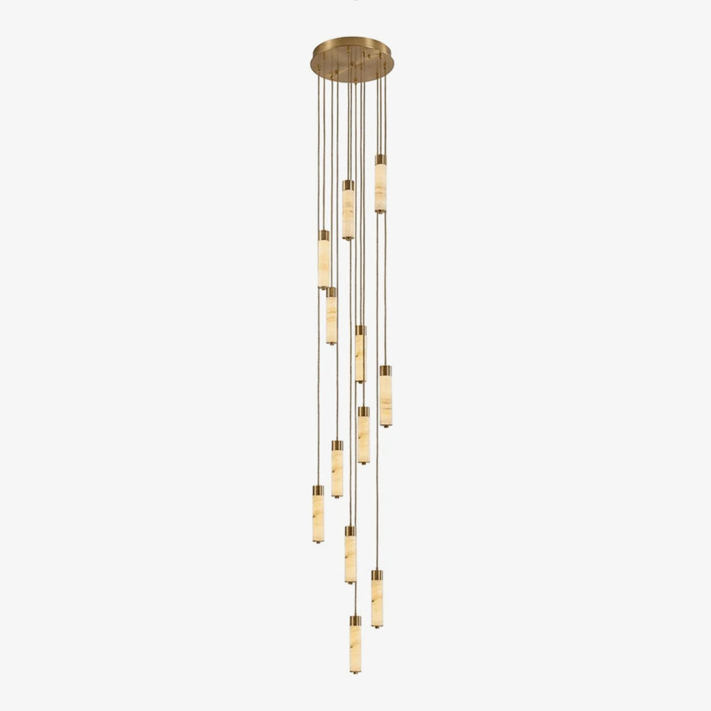 A brass-fitted cascade of alabaster columns hangs from this Clérachic chandelier, glowing warm on a plain background.