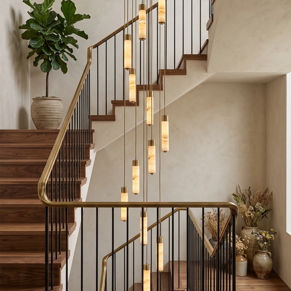Looking up a switchback staircase, this Clérachic chandelier's brass-capped columns cascade past a potted fig and dried pampas.