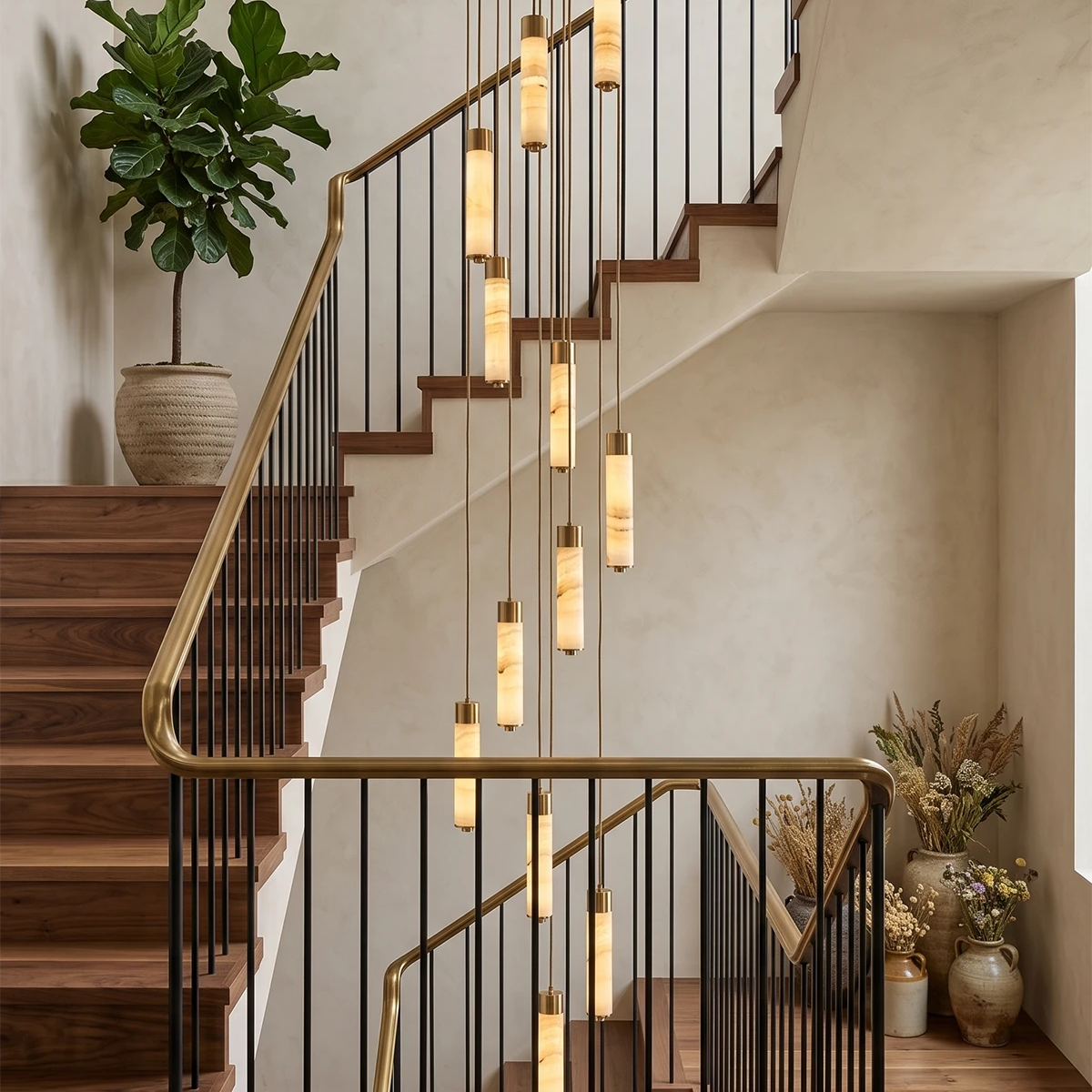 Looking up a switchback staircase, this Clérachic chandelier's brass-capped columns cascade past a potted fig and dried pampas.