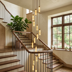 This Clérachic chandelier's alabaster columns cascade down a stairwell beside a tall window framing the garden.