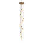 A dense cascade of brass-capped alabaster columns hangs from this Clérachic chandelier, glowing warm on a plain background.