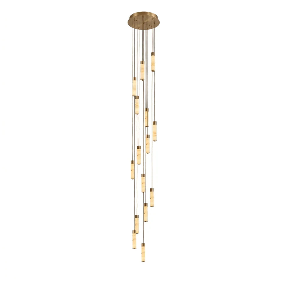 A dense cascade of brass-capped alabaster columns hangs from this Clérachic chandelier, glowing warm on a plain background.
