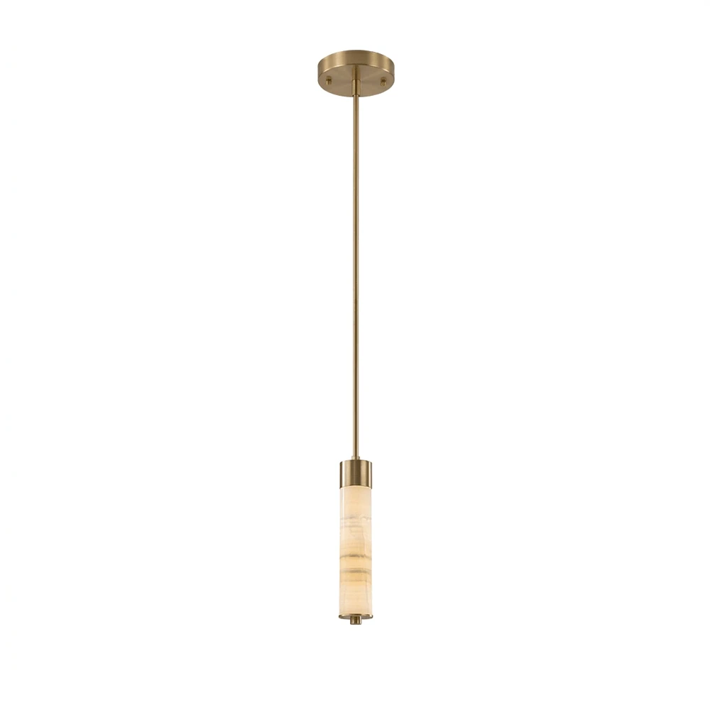 A single alabaster column on this Clérachic chandelier hangs from a straight brass rod, shown on a plain background.
