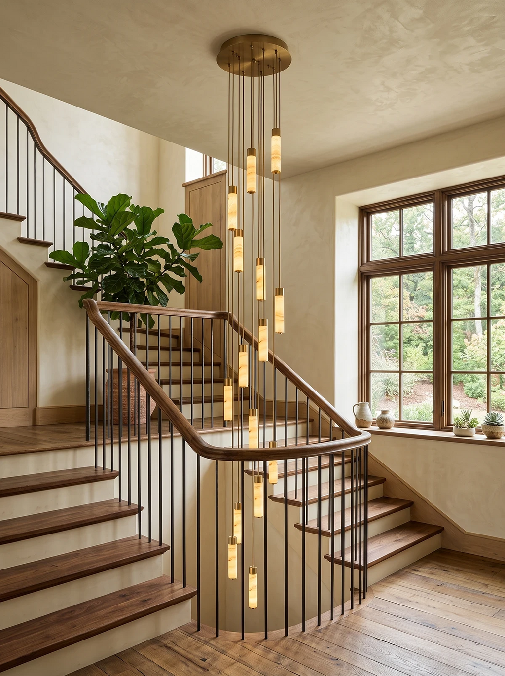 From the stairwell landing, this Clérachic chandelier's brass-capped columns cascade past a large potted fig.