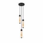 Three black-capped alabaster columns glow warm on this Clérachic chandelier, staggered at different heights on a plain background.