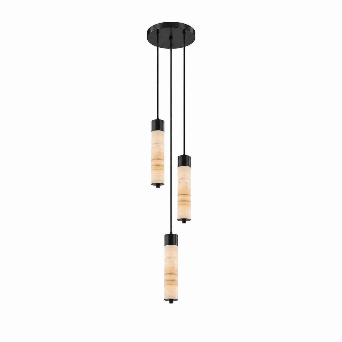 Three black-capped alabaster columns glow warm on this Clérachic chandelier, staggered at different heights on a plain background.
