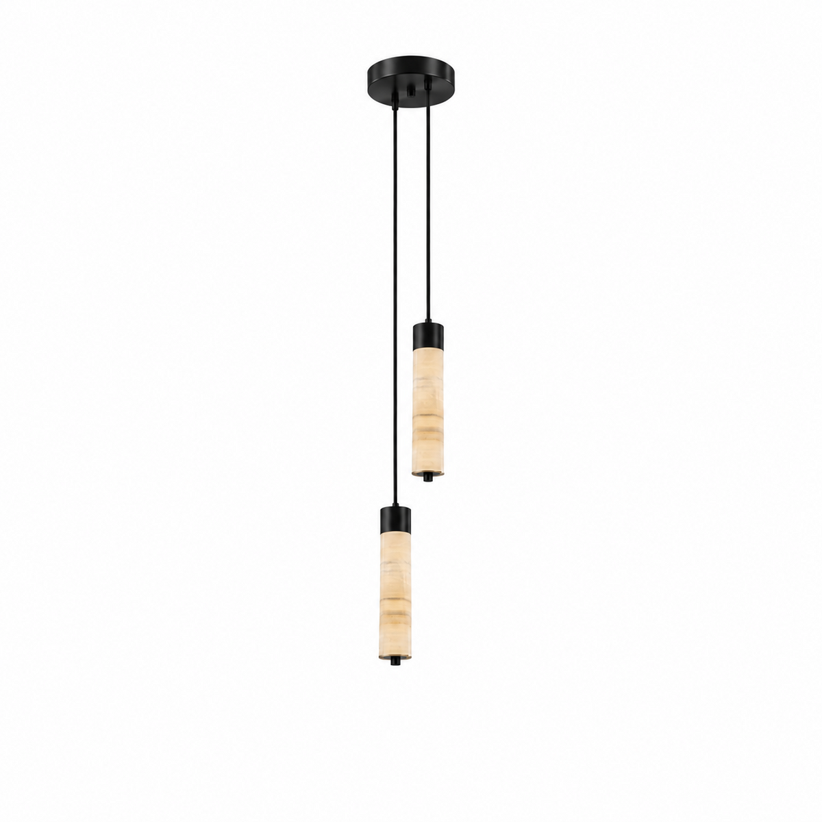 Two black-capped alabaster columns on this Clérachic chandelier hang at different lengths, glowing warm on a plain background.