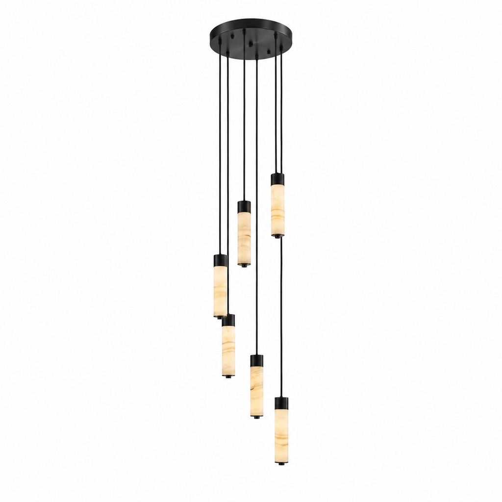 A cluster of black-capped alabaster columns glows warm on this Clérachic chandelier, shown on a plain background.