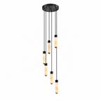 A cluster of black-capped alabaster columns glows warm on this Clérachic chandelier, shown on a plain background.