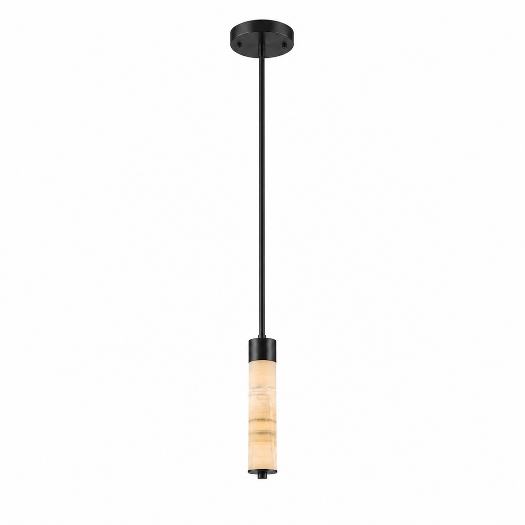 A single alabaster column on this Clérachic chandelier hangs from a straight black rod, glowing warm on a plain background.