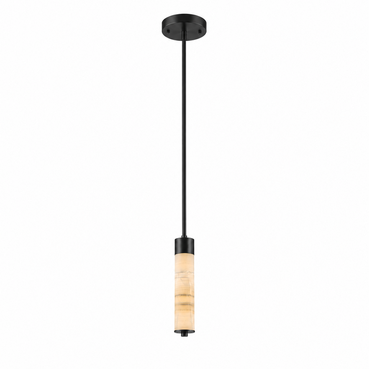 A single alabaster column on this Clérachic chandelier hangs from a straight black rod, glowing warm on a plain background.