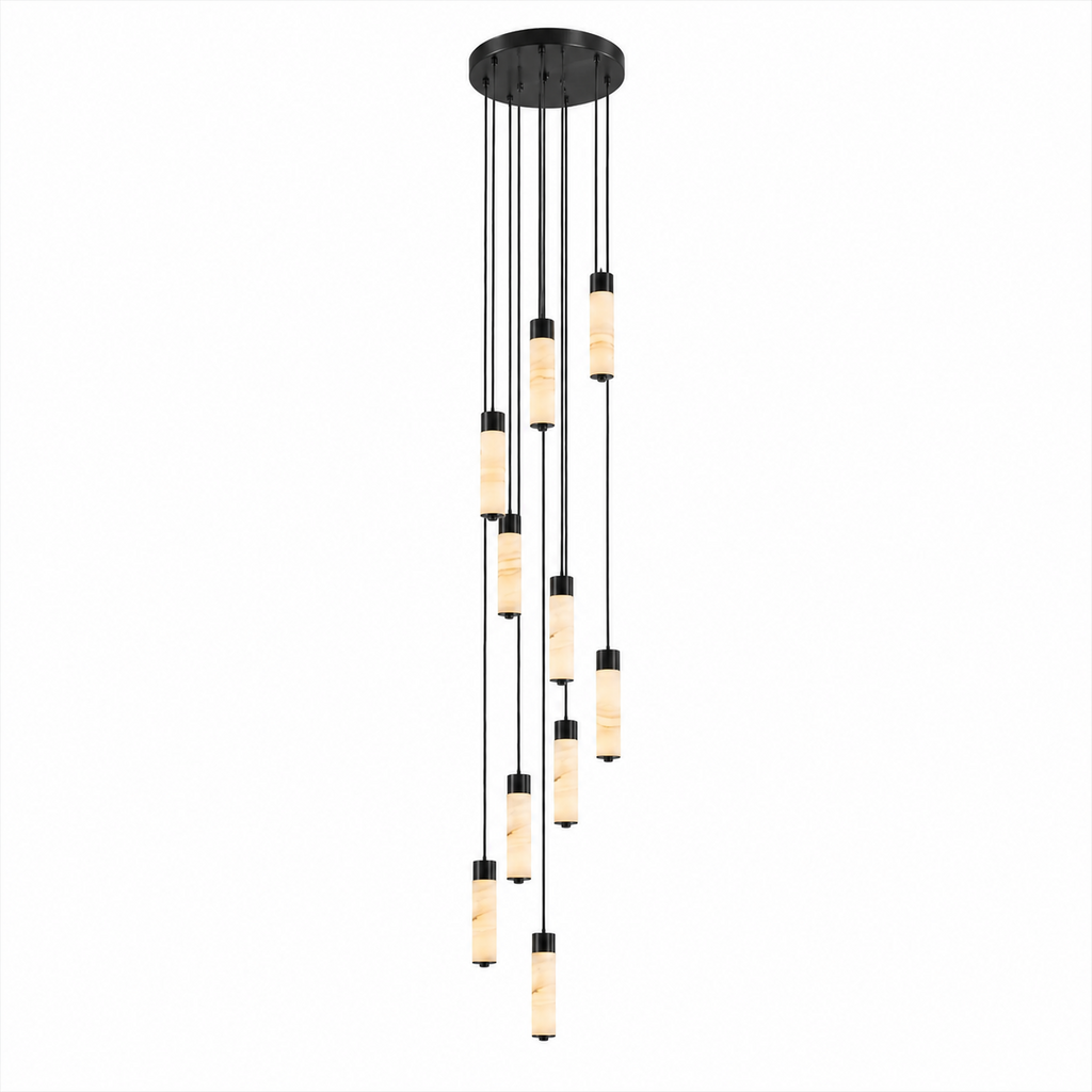 Black-capped alabaster columns cascade down this Clérachic chandelier in a loose spiral, shown on a plain background.