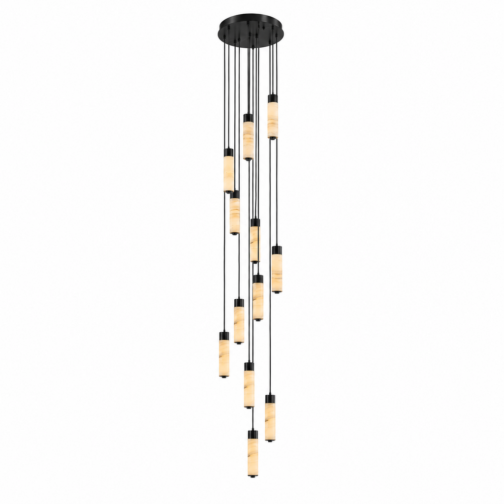 Black-capped alabaster columns stagger down this Clérachic chandelier at uneven lengths, shown on a plain background.
