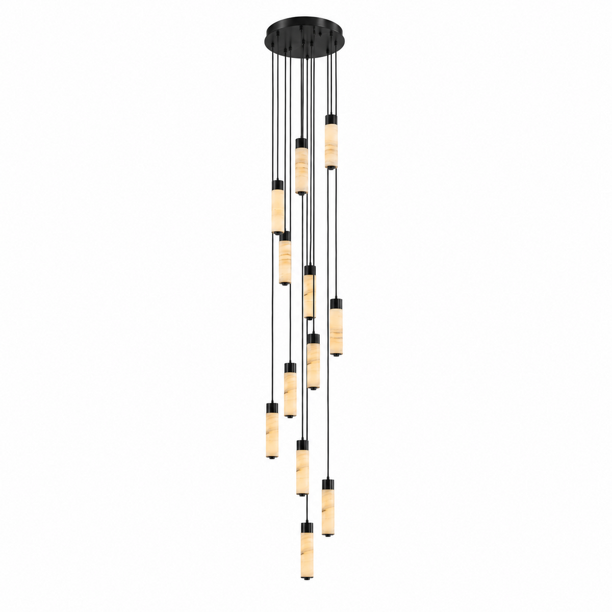 Black-capped alabaster columns stagger down this Clérachic chandelier at uneven lengths, shown on a plain background.