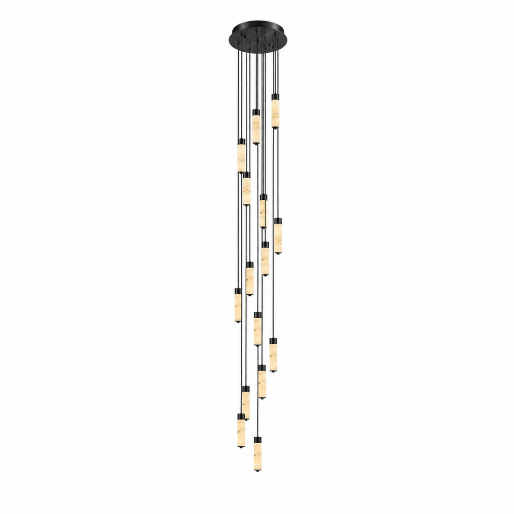 A dense spiral of black-capped alabaster columns glows warm on this Clérachic chandelier, shown on a plain background.