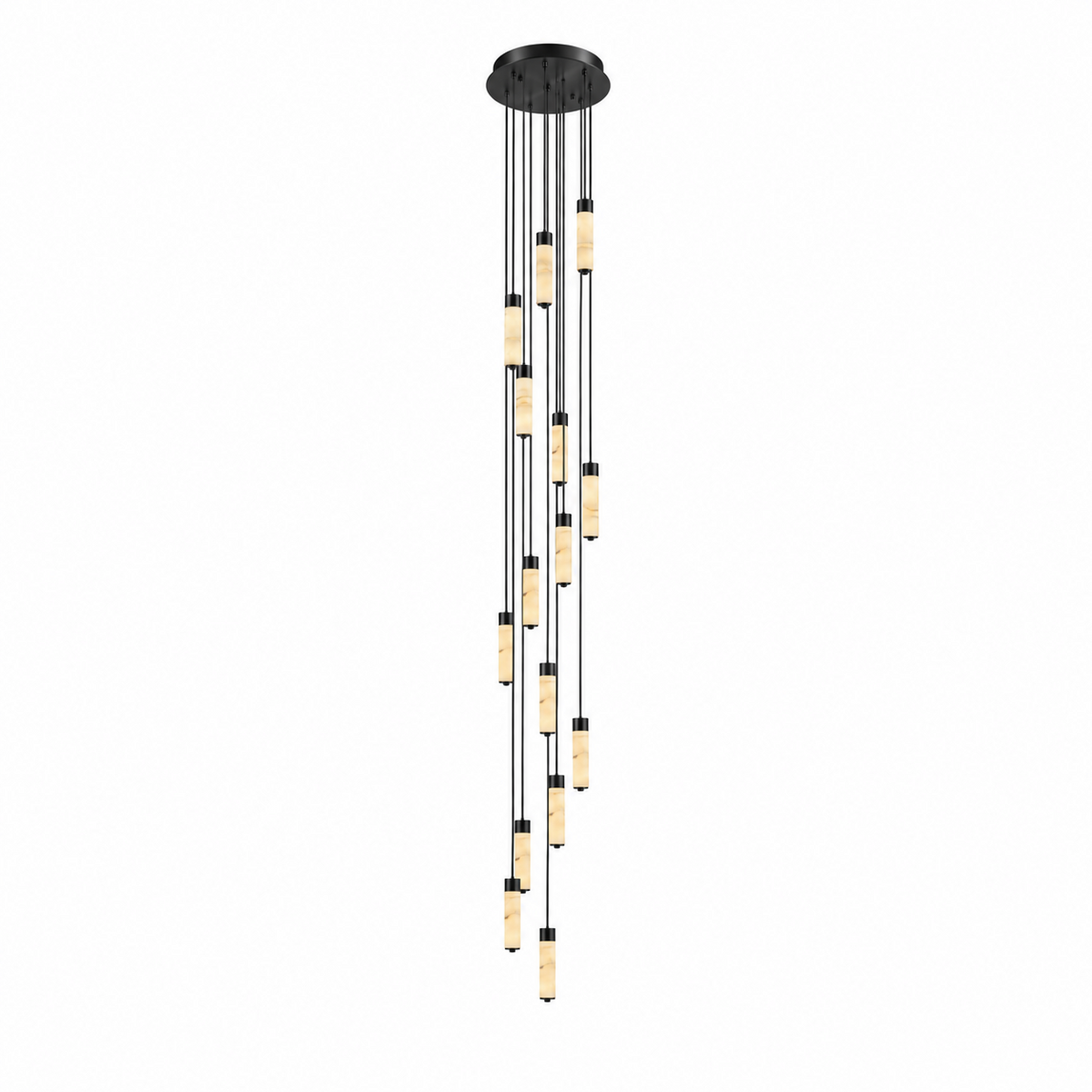 A dense spiral of black-capped alabaster columns glows warm on this Clérachic chandelier, shown on a plain background.