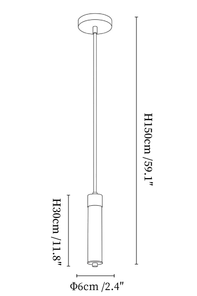 Clérachic chandelier dimension drawing, 1 light, every measurement marked in centimetres and inches.