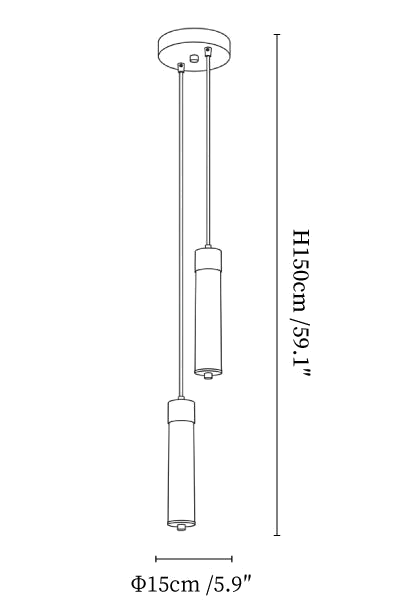 Clérachic chandelier dimension drawing, 2 lights, every measurement marked in centimetres and inches.