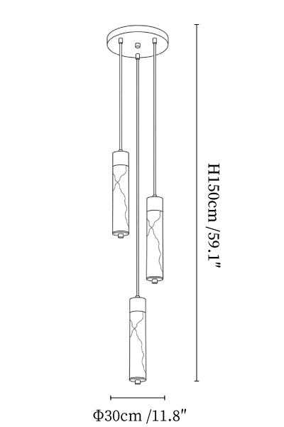 Clérachic chandelier dimension drawing, 3 lights, every measurement marked in centimetres and inches.