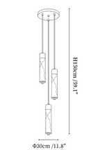Clérachic chandelier dimension drawing, 3 lights, every measurement marked in centimetres and inches.