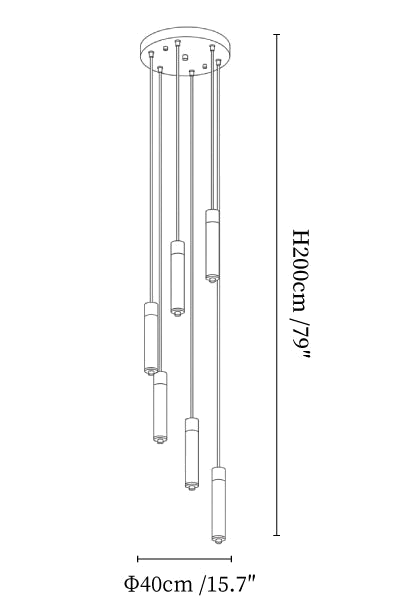 Clérachic chandelier dimension drawing, 6 lights, every measurement marked in centimetres and inches.