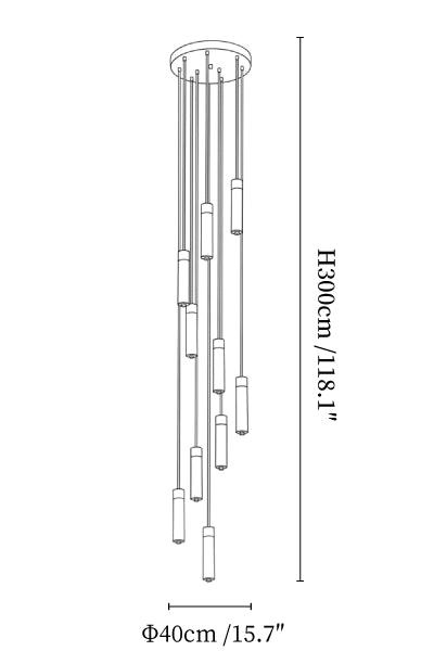 Clérachic chandelier dimension drawing, 10 lights, every measurement marked in centimetres and inches.