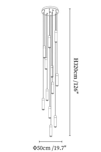 Clérachic chandelier dimension drawing, 12 lights, every measurement marked in centimetres and inches.