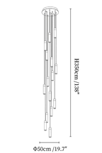 Clérachic chandelier dimension drawing, 15 lights, every measurement marked in centimetres and inches.