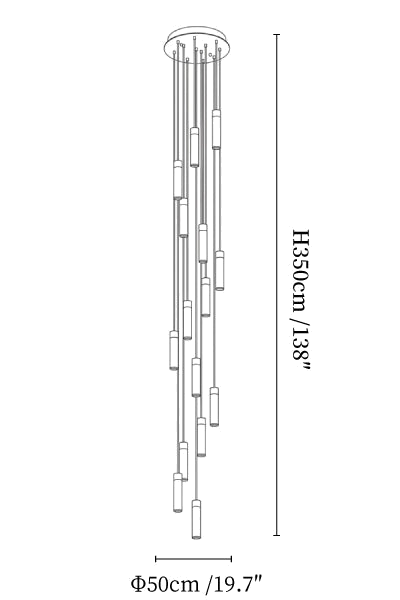 Clérachic chandelier dimension drawing, 15 lights, every measurement marked in centimetres and inches.