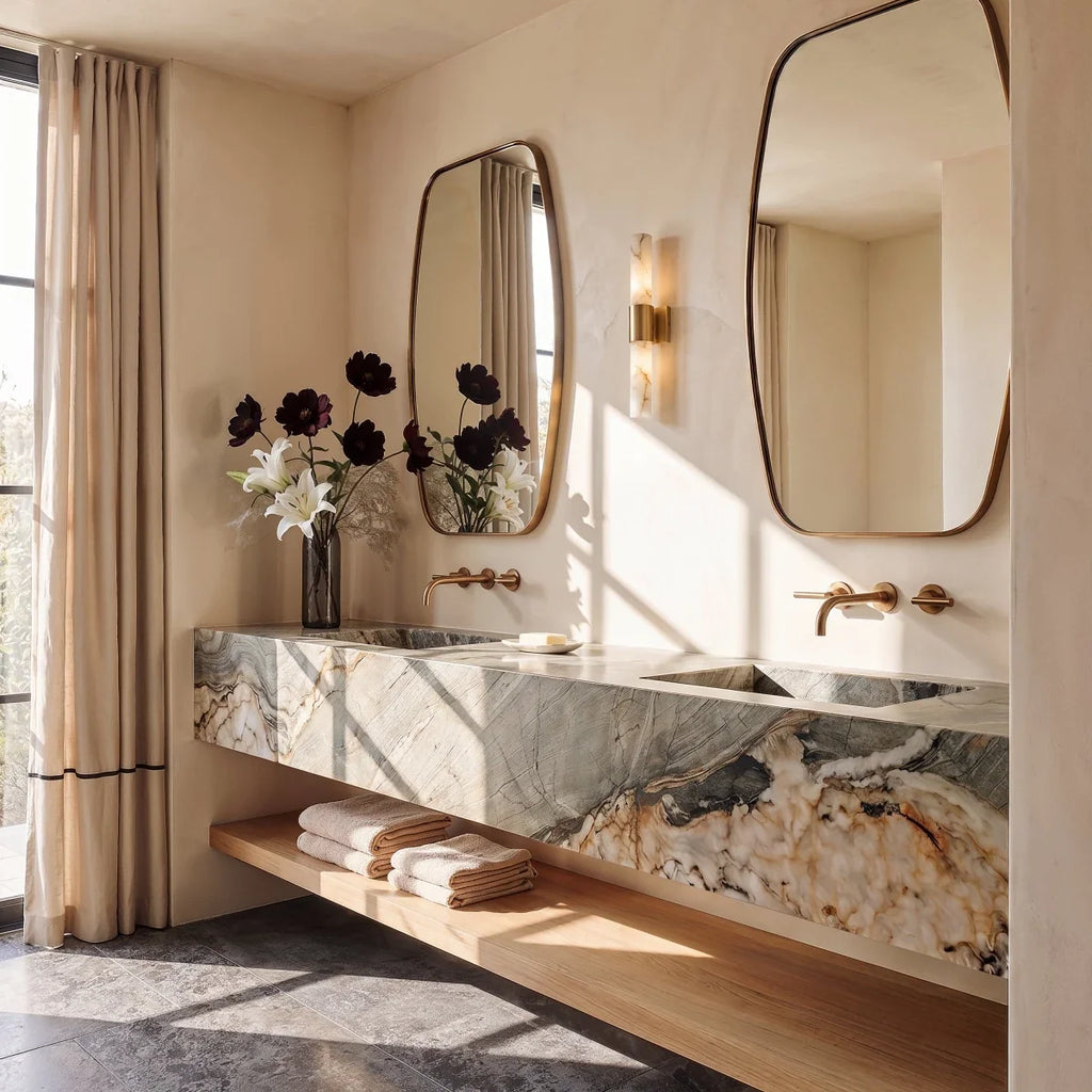 Clérachic brass and alabaster wall sconce beside a brass-framed mirror above a marble counter in a sunlit cream room.