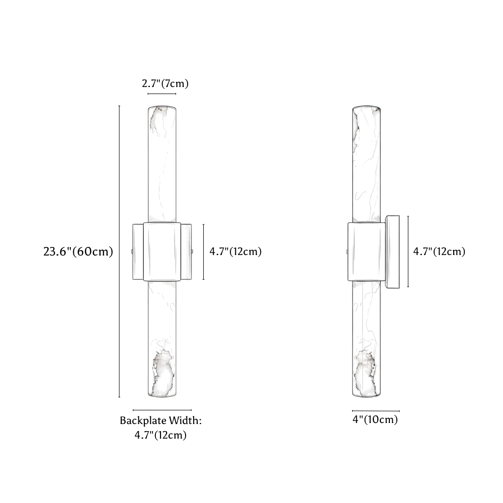 Clérachic wall light dimension drawing, every measurement marked in centimetres and inches.