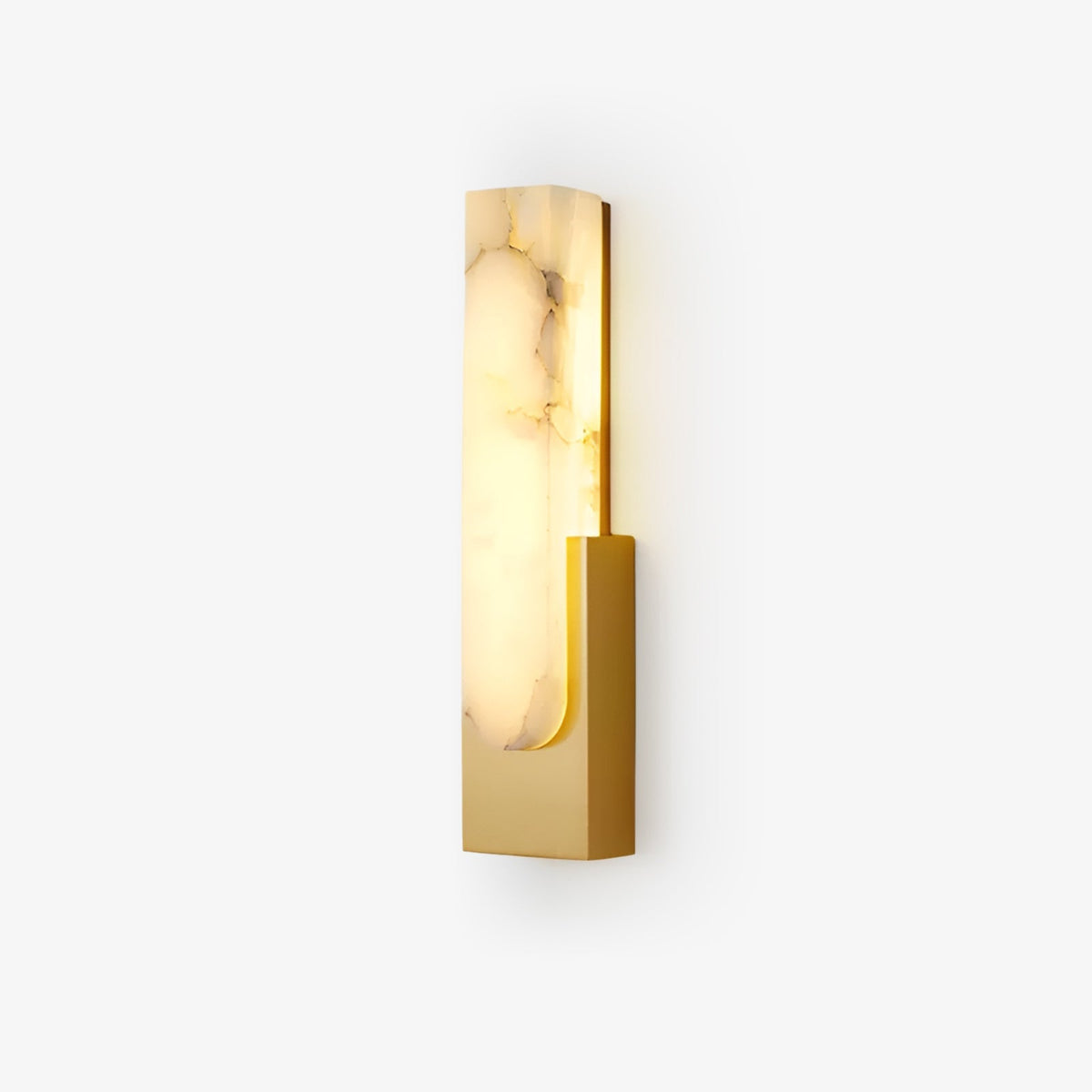 This Clérachic wall light on a white backdrop, a tall veined alabaster bar glowing above a gold-toned rectangular back plate.
