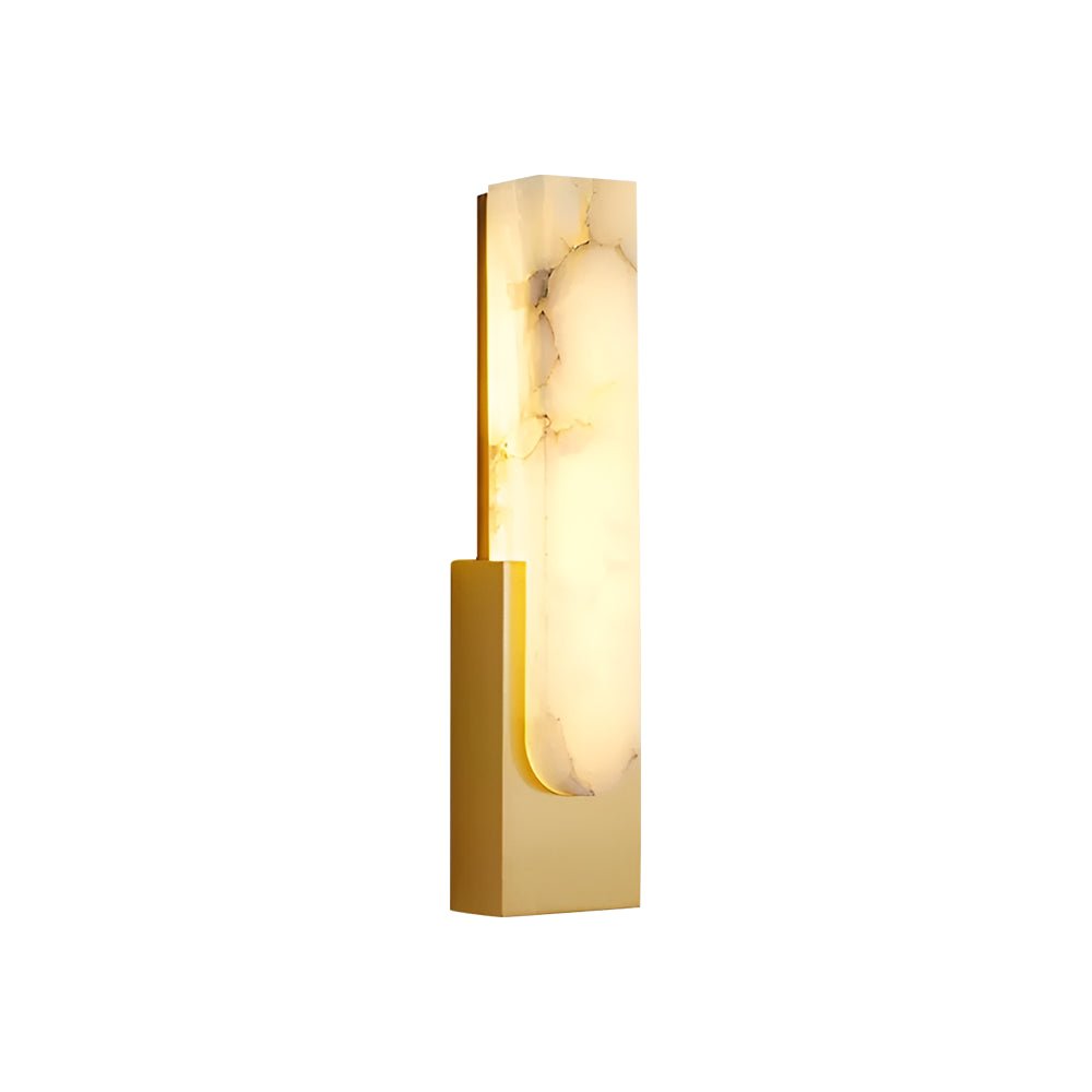 Side-on view of this Clérachic wall light on a white backdrop, the alabaster bar lit with grey-brown veining above a gold plate.