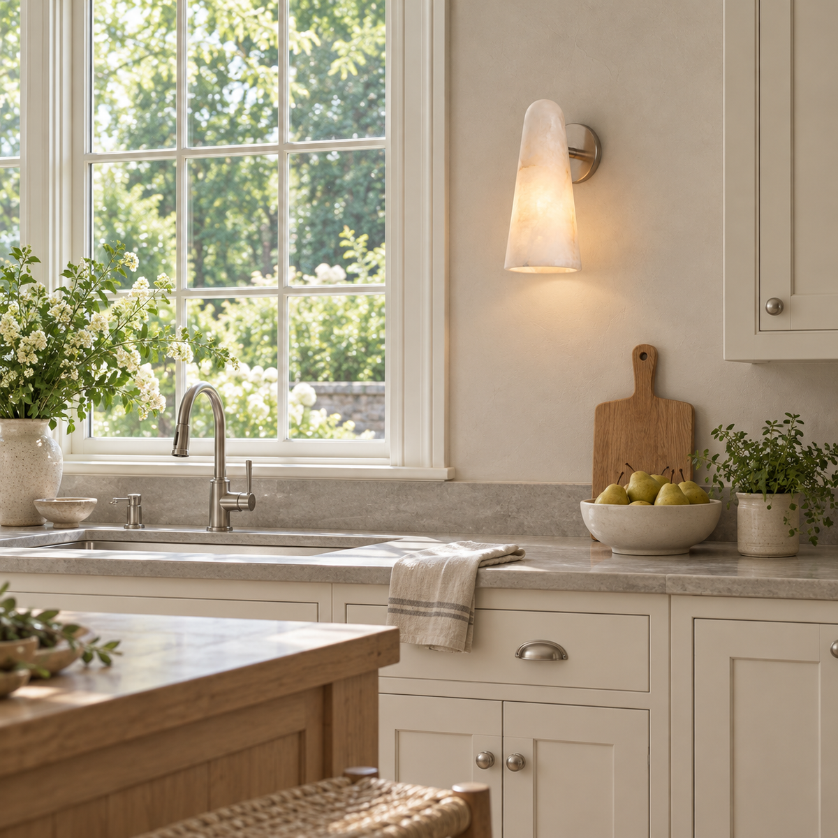 A Clérachic alabaster cone sconce on a kitchen wall beside a bright window, above a worktop with a wooden board and a bowl of pears.