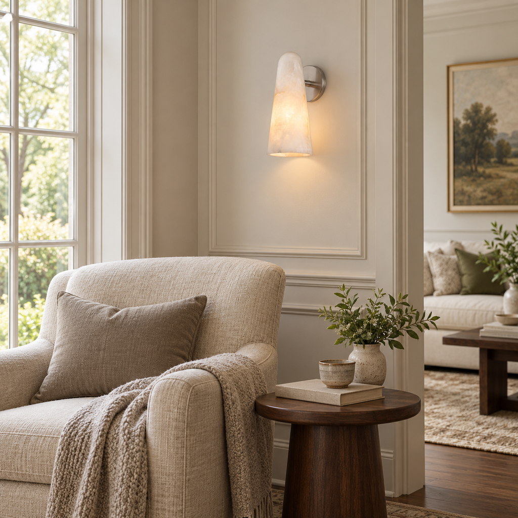 Beside a tall window, this Clérachic wall light in white alabaster lights a panelled wall above a round walnut side table and a cream armchair.