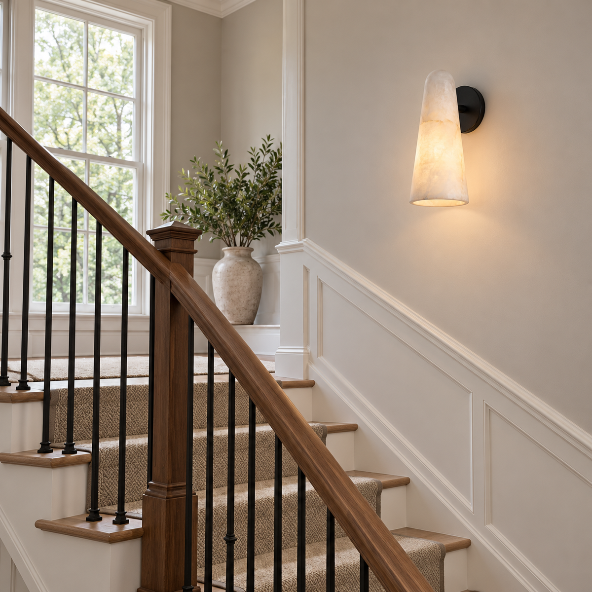 A black-backplate Clérachic alabaster sconce on a stairwell wall, glowing above white panelling and a wooden banister.