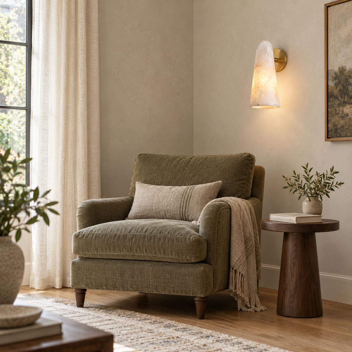 A brass-backed Clérachic alabaster wall light lights a reading corner with a green velvet armchair, a knitted throw and a small round table.