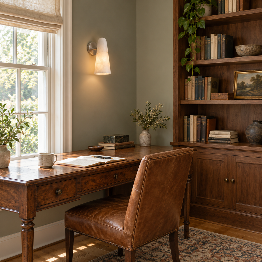 Small and warm, this Clérachic alabaster wall light hangs over a wooden writing desk with a leather chair and a shelf full of books.
