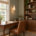 Small and warm, this Clérachic alabaster wall light hangs over a wooden writing desk with a leather chair and a shelf full of books.