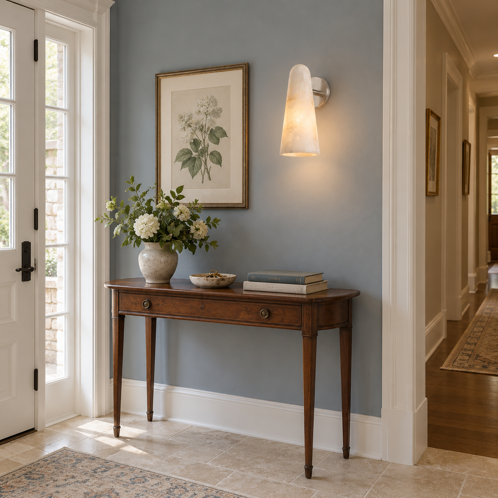 A Clérachic alabaster cone sconce on a blue-grey hallway wall, framed botanical print beside it and a console table below.