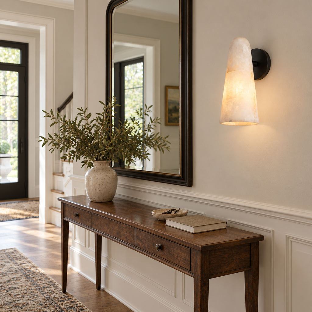 This Clérachic alabaster wall light hangs beside a dark-framed mirror, above a wooden console table with a vase of olive branches.