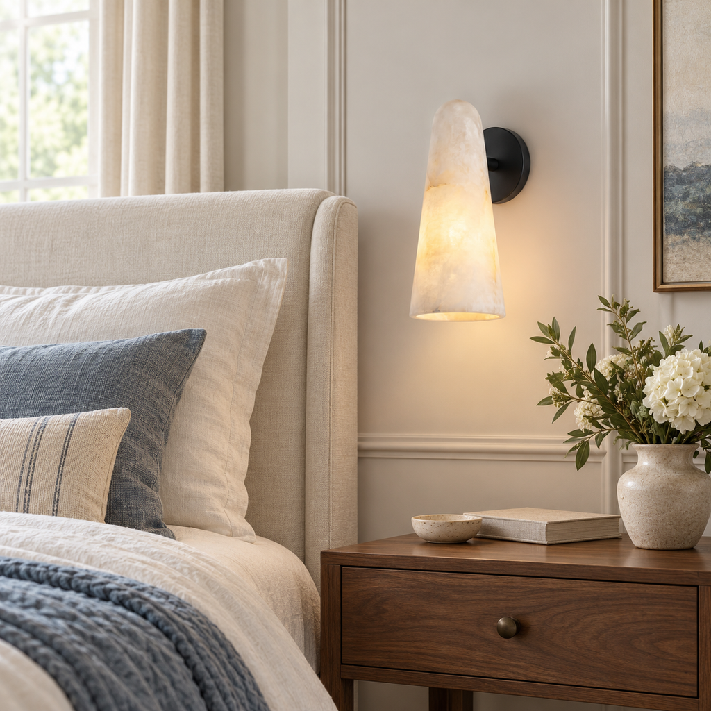 Close to the bed, this Clérachic alabaster wall light with a black backplate lights an upholstered headboard, blue linen and a walnut nightstand.