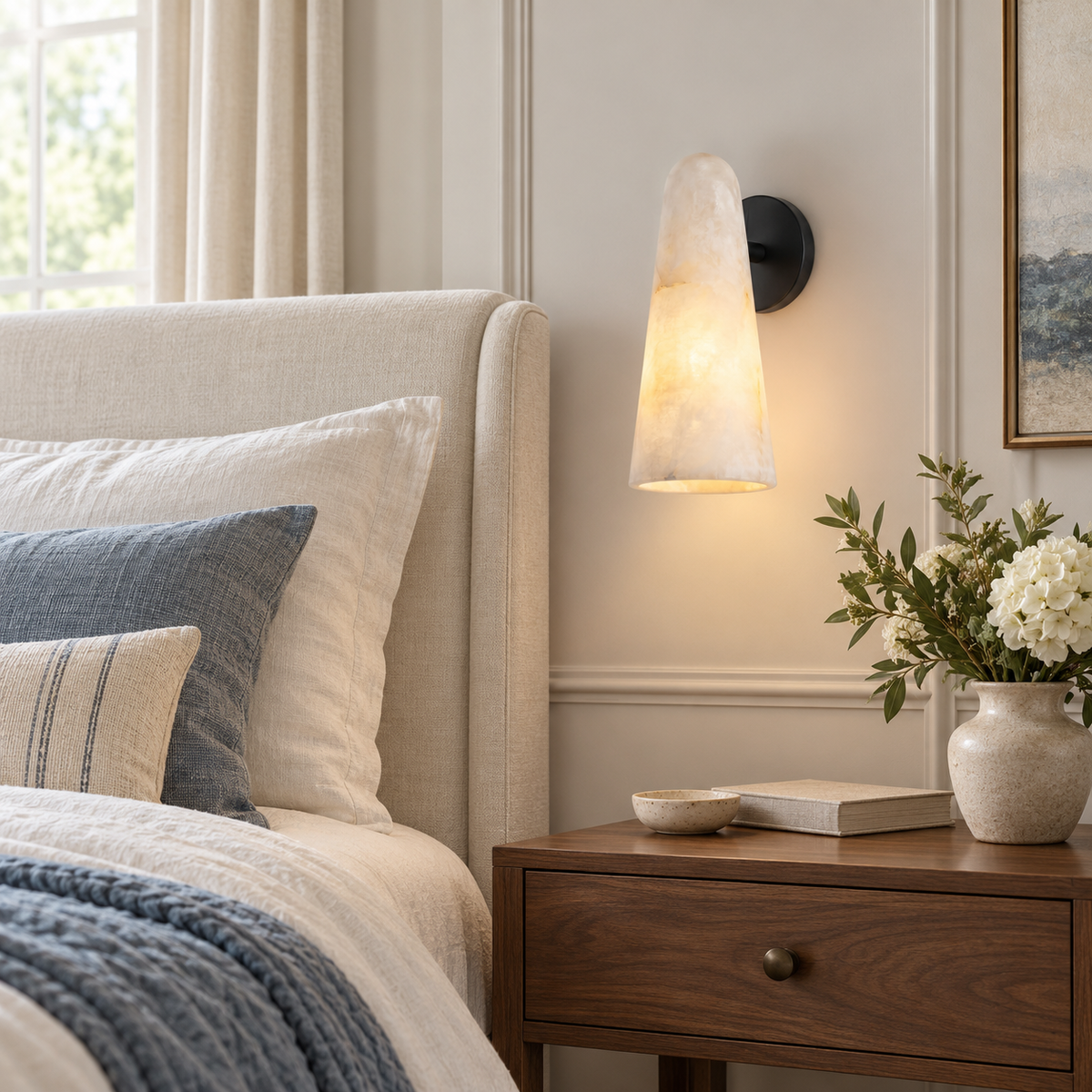 Close to the bed, this Clérachic alabaster wall light with a black backplate lights an upholstered headboard, blue linen and a walnut nightstand.