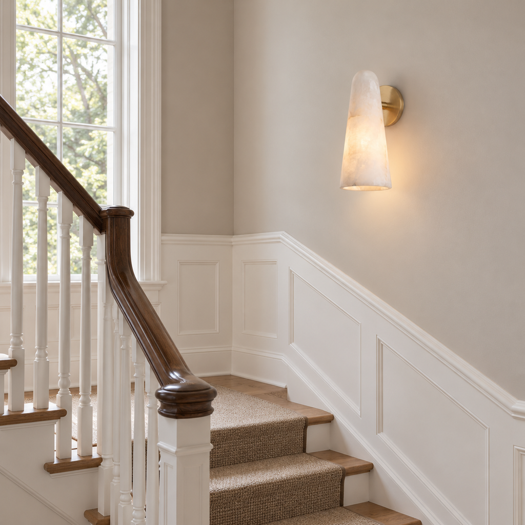 A brass-backed Clérachic alabaster cone sconce on the wall above a white-balustrade staircase with a wooden handrail.