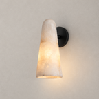 Close view of the glowing, veined alabaster shade on this Clérachic wall light, shown with a black backplate against a pale wall.