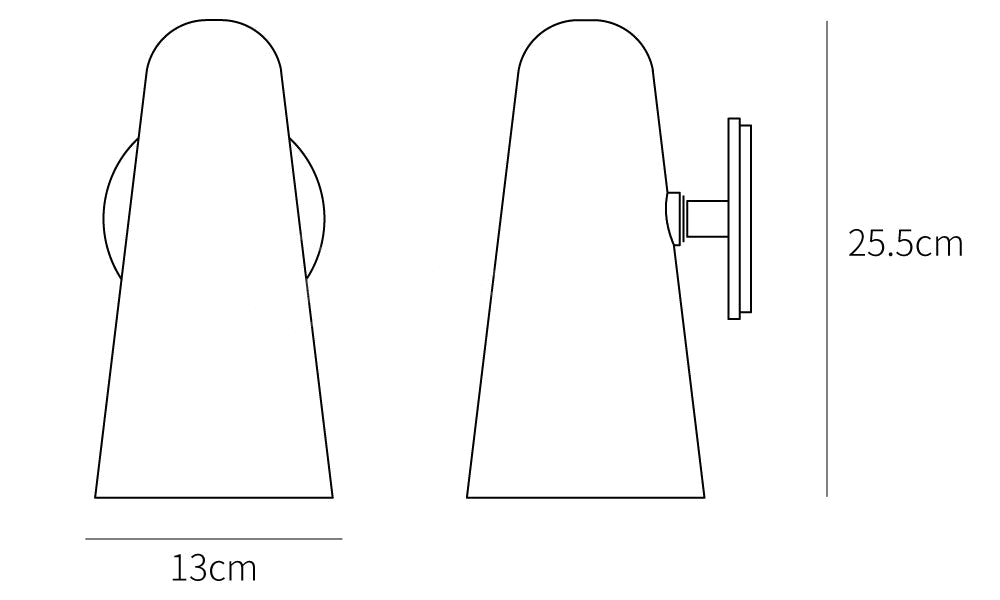 Dimension drawing of this Clérachic wall light, with its height of 25.5 cm and width of 13 cm marked.