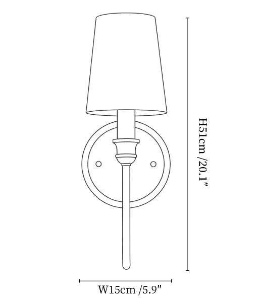 Clérachic wall sconce dimension drawing, every measurement marked in centimetres and inches.