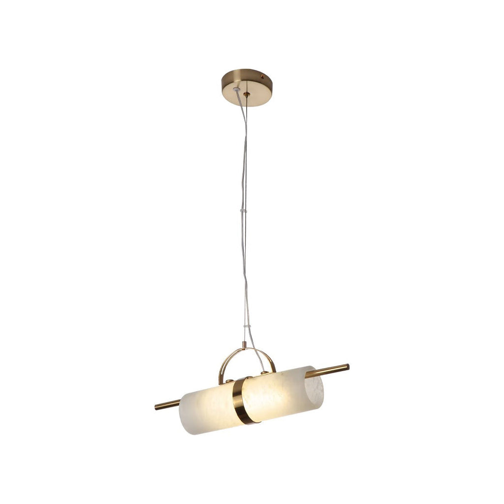 Clérachic Alabaster Cylinder LED Pendant Light shown on white, the lit stone tube held in a copper yoke below a round ceiling rose.